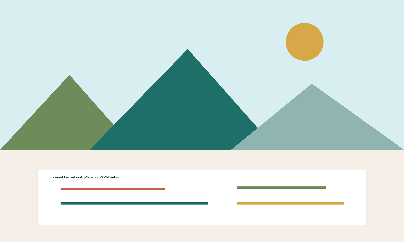 Illustrated travel notebook with mountains, water, and retreat planning notes